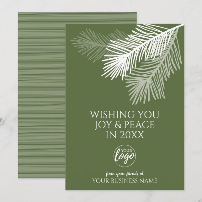 Modern Joy Peace Pine Branches Add LOGO - Business Holiday Card (Front/Back)