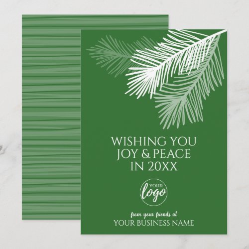 Modern Joy Peace Pine Branches Add LOGO - Business Holiday Card
