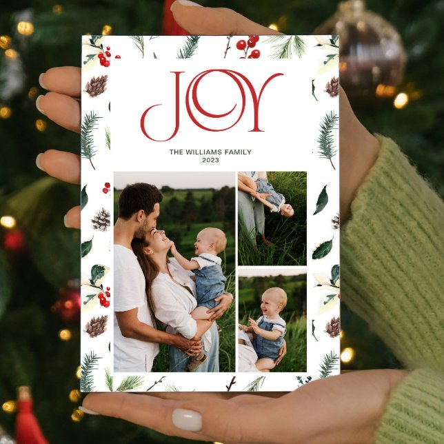 Modern Joy Red Berry Botanical 3 Photo Christmas Holiday Card (Spread some cheer and share your favorite moments with this one-of-a-kind holiday card. )