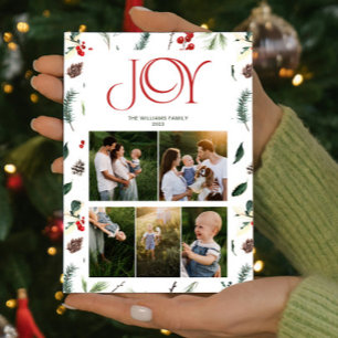 Modern Joy Red Berry Botanical 5 Photo Christmas Holiday Card