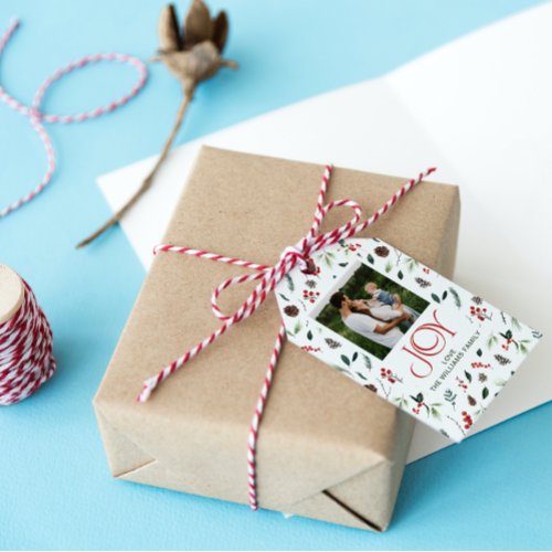 Modern Joy Red Berry Botanical Christmas Photo Gift Tags