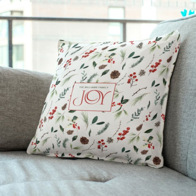 Modern Joy Red Berry Botanical Christmas Photo Throw Pillow (Celebrate the spirit of Christmas with a cozy new pillow!)