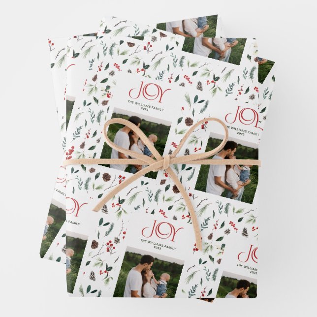 Modern Joy Red Berry Botanical Christmas Photo Wrapping Paper Sheets (In situ)