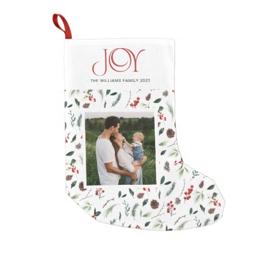 Modern Joy Red Berry Botanical Photo Christmas Small Christmas Stocking