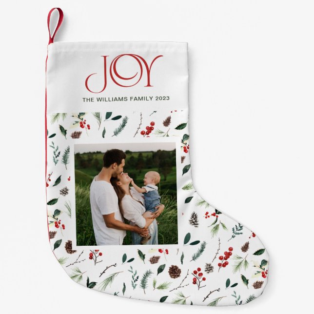 Modern Joy Red Berry Botanical Photo Christmas Small Christmas Stocking (Front)