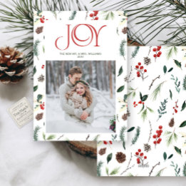 Modern Joy Red Berry Botanical Photo Mr & Mrs Holiday Card