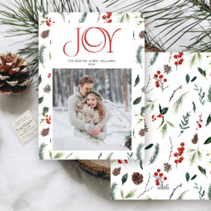 Modern Joy Red Berry Botanical Photo Mr & Mrs Holiday Card