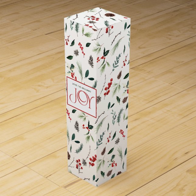 Modern Joy Red Festive Berry Botanical Christmas Wine Box (Front)
