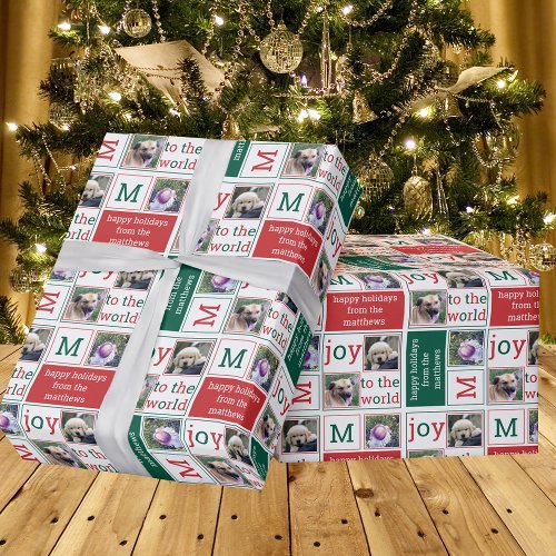 Modern JOY Red Green And White 3 Photo Collage Wrapping Paper