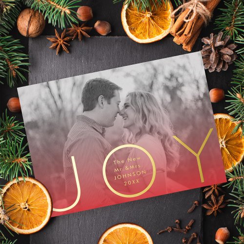 Modern Joy Red Ombre Gradient Photo Gold Foil Holiday Card