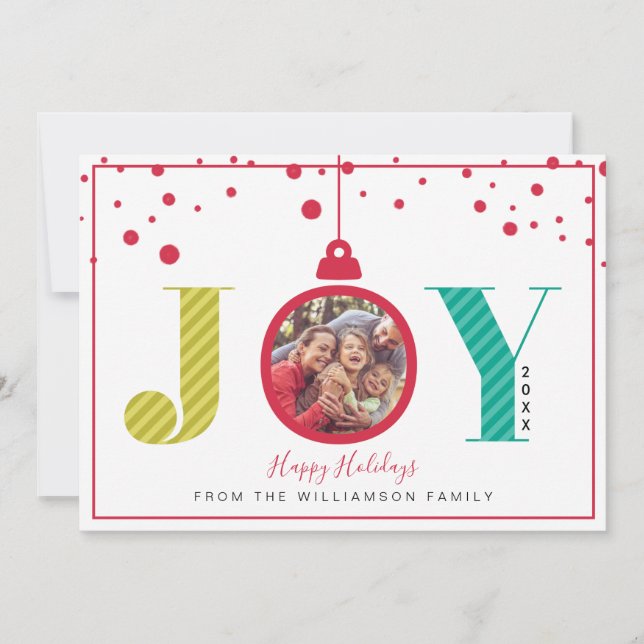 Modern "Joy" Red Ornament | Holiday Photo Card (Front)