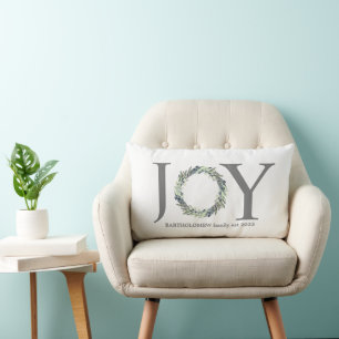 Modern Joy script custom greenery wreath holiday Lumbar Pillow
