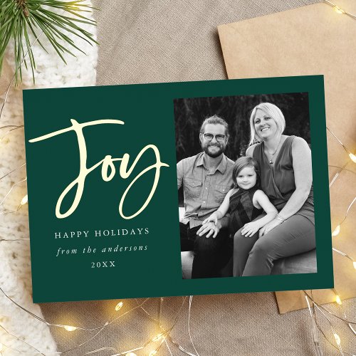 Modern Joy Script Green Photo Foil Holiday Card