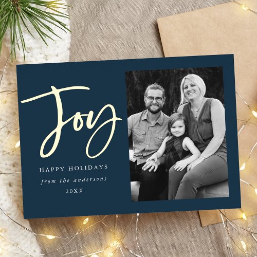 Modern Joy Script Navy Photo Foil Holiday Card