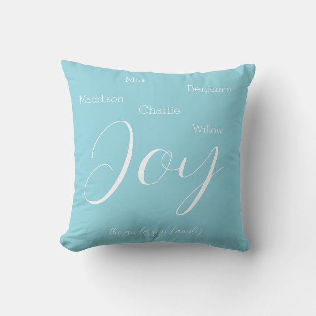Modern Joy Script Personalized Family Holiday Throw Pillow (Front)