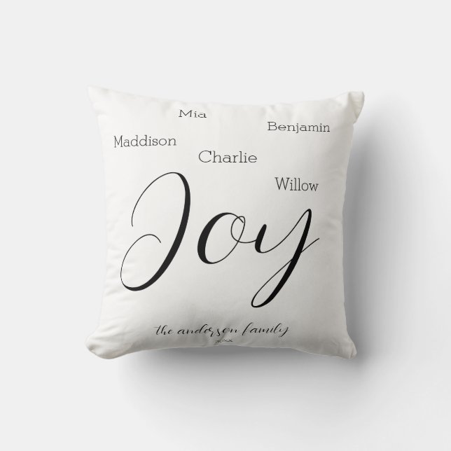 Modern Joy Script Personalized Family Holiday Throw Pillow (Front)
