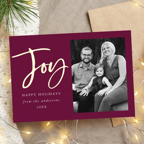 Modern Joy Script Purple Photo Foil Holiday Card