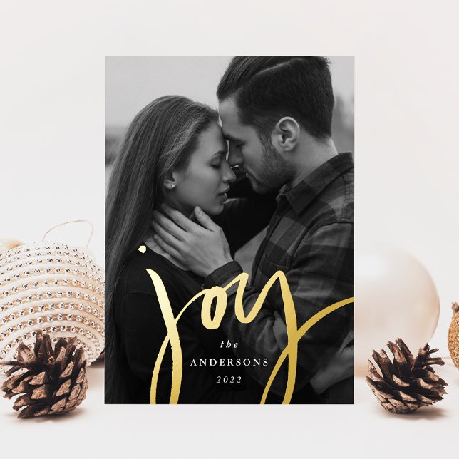 Modern Joy Script Red and Gold Photo Foil Holiday Card (Creator Uploaded)