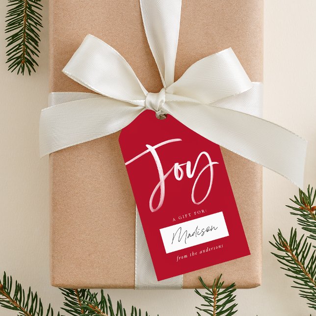 Modern Joy Script Red Gift Tags (Creator Uploaded)