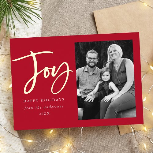 Modern Joy Script Red Photo Foil Holiday Card