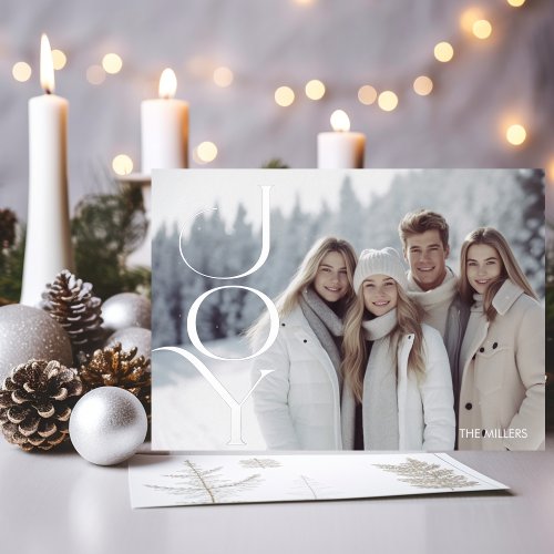 Modern Joy Silver Minimal Elegant 1 Photo Family Foil Holiday Card