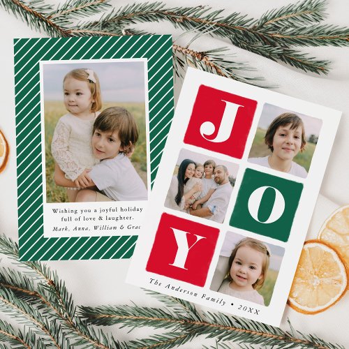 Modern Joy Squares Red  Green 4 Photo Holiday Card