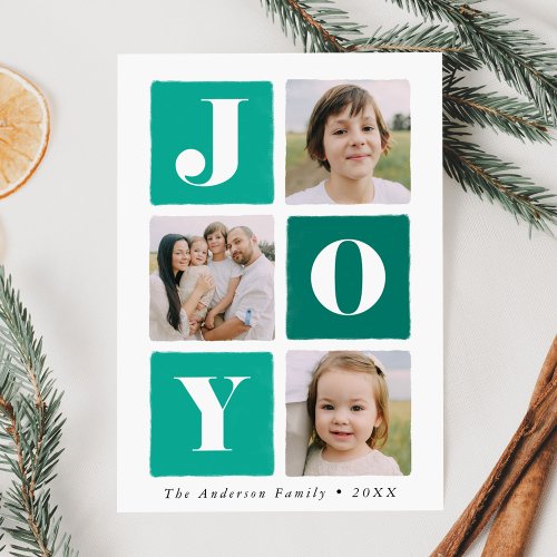 Modern Joy Squares Turquoise and Teal 3 Photo Holiday Card