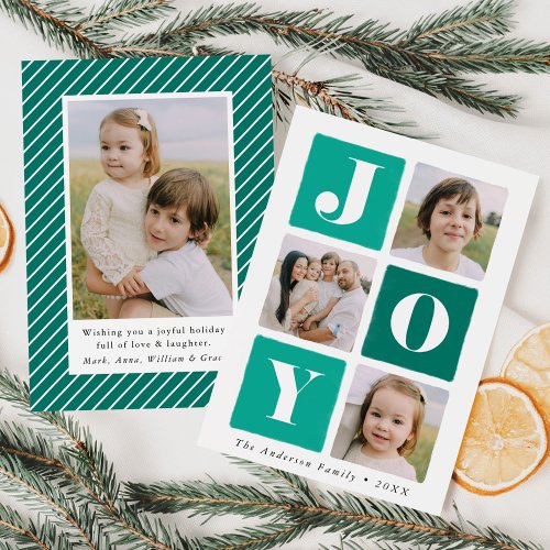 Modern Joy Squares Turquoise and Teal 4 Photo Holiday Card