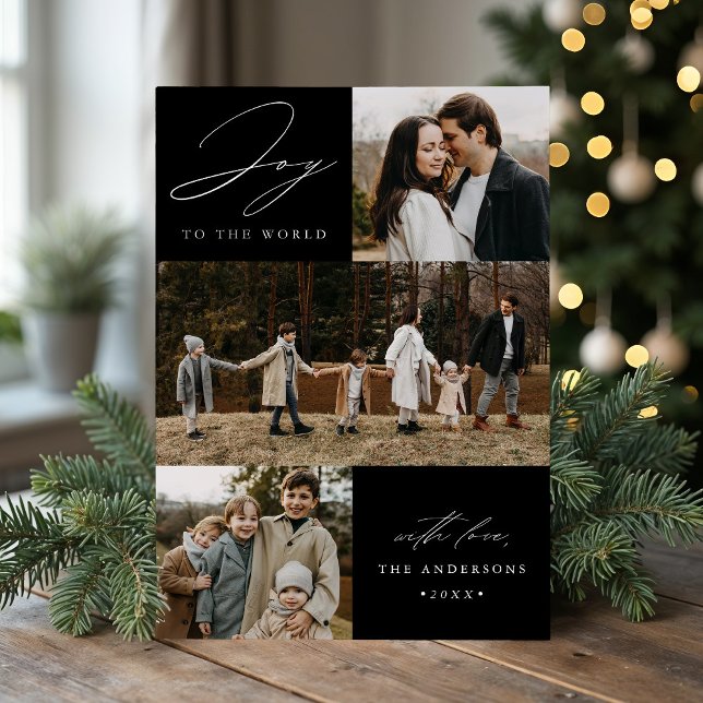 Modern Joy to the World Black 4 Photo Holiday Card (Creator Uploaded)