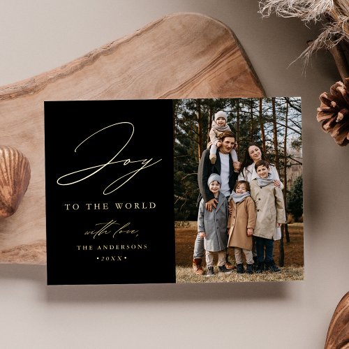 Modern Joy to the World Black Photo Foil Holiday Card