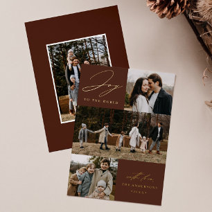 Modern Joy to the World Brown 4 Photo Foil Holiday Card