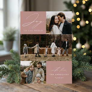 Modern Joy to the World Dusty Rose 4 Photo Holiday Card