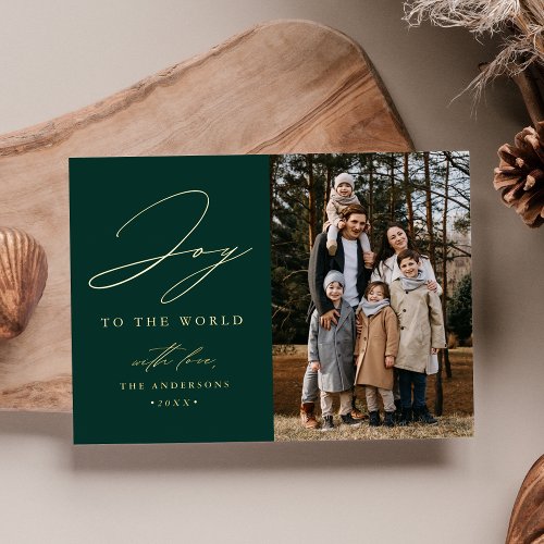 Modern Joy to the World Green Photo Foil Holiday Card