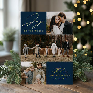 Modern Joy to the World Navy 4 Photo Foil Holiday Card