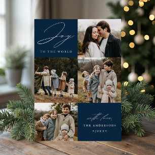 Modern Joy to the World Navy 5 Photo Holiday Card