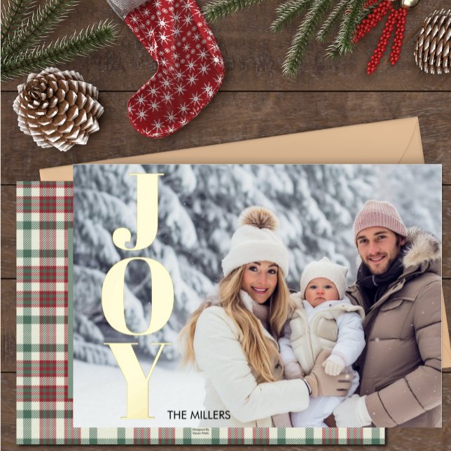 Modern Joy Typography Minimal 1 Photo Tartan Plaid Foil Holiday Card (Modern Christmas Joy Minimal 1 Photo Family Holiday Card | Real Gold Foil)