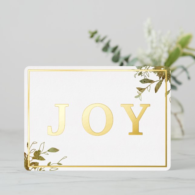 Modern Joy Watercolor Leaves Simple Foil Holiday Card (Standing Front)