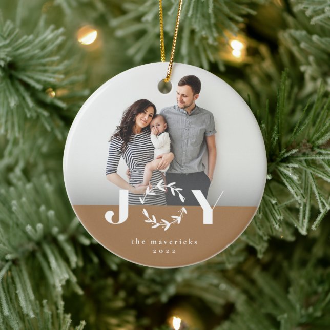 Modern Joy Wreath Photo Holiday Christmas Ceramic Ornament (Tree)