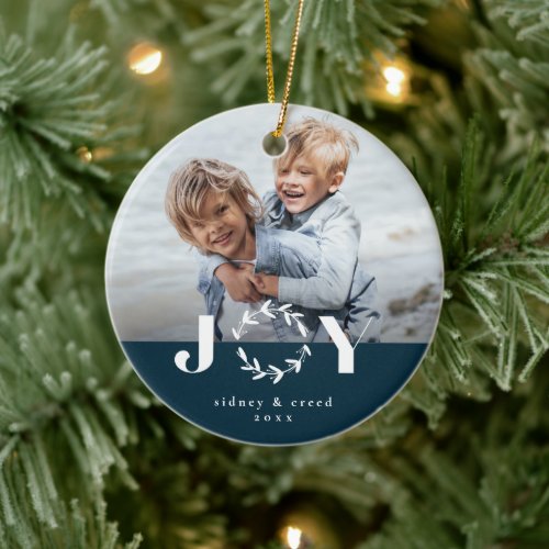Modern Joy wreath Photo Holiday Christmas Ceramic Ornament