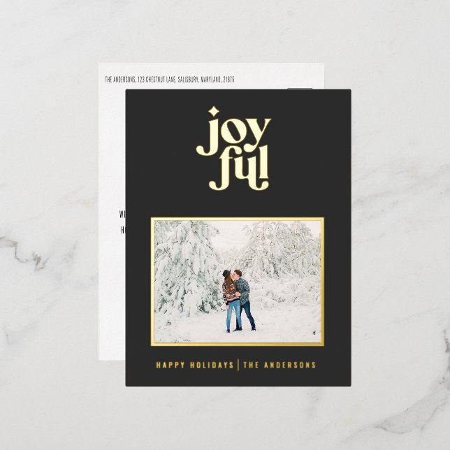 modern joyful 1 photo  foil holiday postcard (Front/Back)