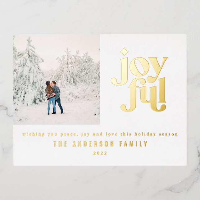 modern joyful 1 photo  foil holiday postcard (Front)