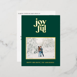 modern joyful 1 photo foil holiday postcard