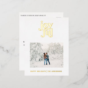 modern joyful 1 photo foil holiday postcard