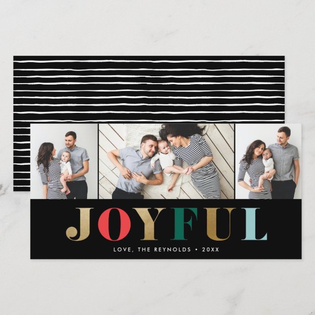 Modern Joyful 3 Photo Christmas Holiday Card (Front/Back)