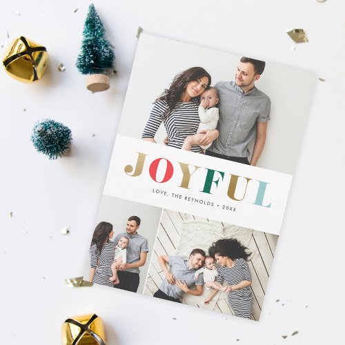 Modern Joyful 3 Photo Collage Christmas Holiday Card