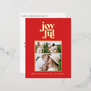 modern joyful 3 photo foil holiday postcard