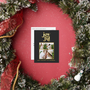modern joyful 3 photo  foil holiday postcard