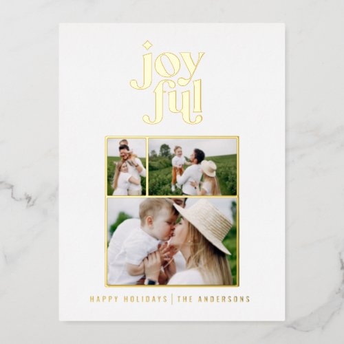 modern joyful 3 photo  foil holiday postcard