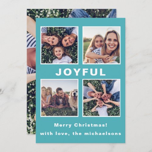 Modern Joyful Christmas Blue Photo Collage Holiday Card