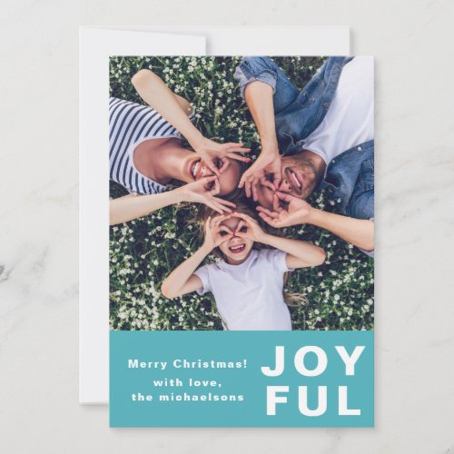 Modern Joyful Christmas Blue Two Photo Holiday Card
